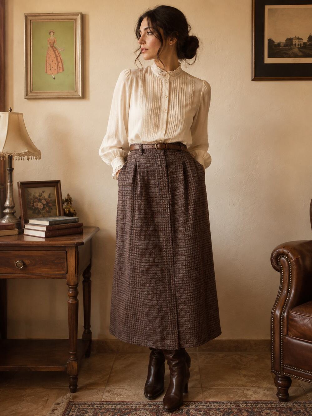 VTG 90s Harold's Wool Houndstooth Midi Skirt Brown Plaid Size 14